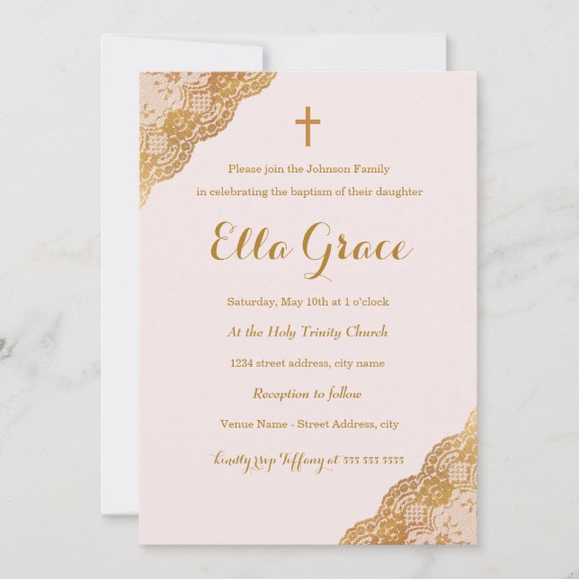 Pink Gold Lace Girl Baptism Invitation + (Front)