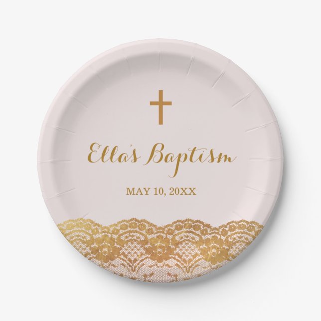 Pink Gold Lace Girl Baptism Paper Plates (Front)