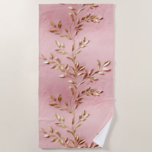 Pink Gold Leaves Beach Towel