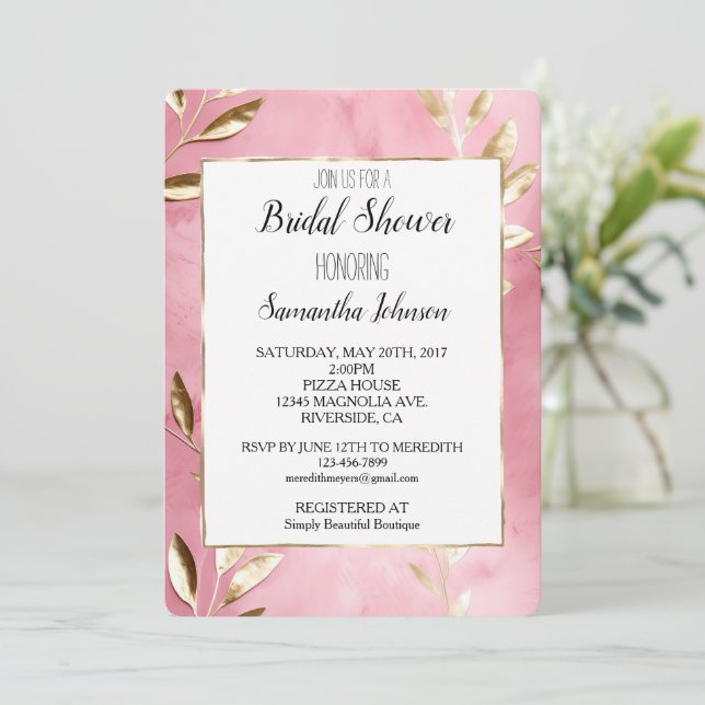 Pink Gold Leaves Bridal Shower Invitation (Standing Front)