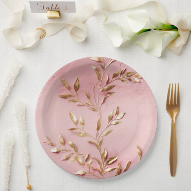 Pink Gold Leaves Paper Plate (Wedding)