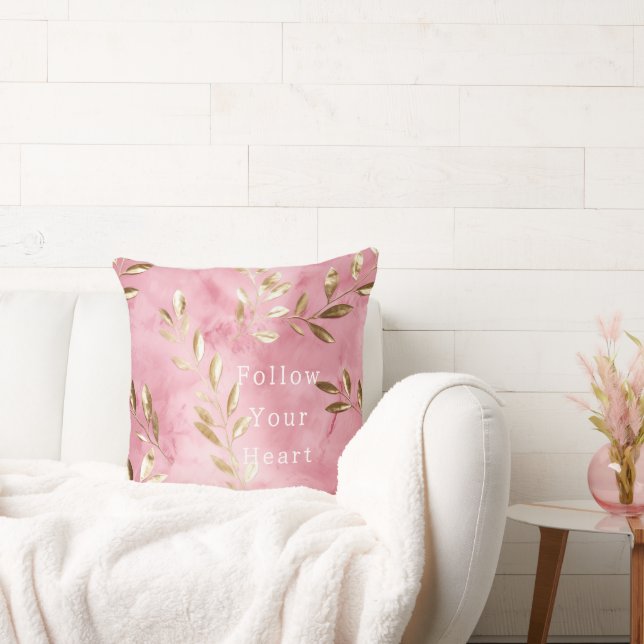 Pink Gold Leaves Throw Pillow (Couch)