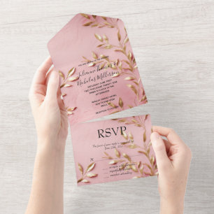 Pink Gold Leaves Wedding All In One Invitation