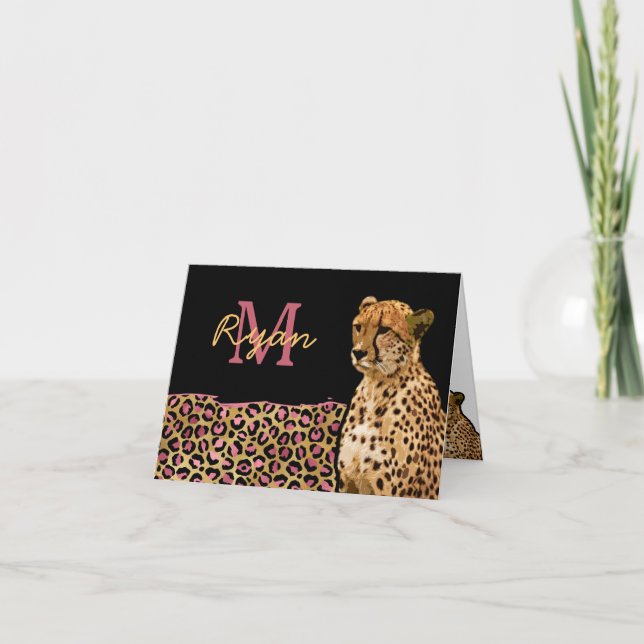 Pink Gold Leopard Cheetah personalized monogram Note Card (Front)