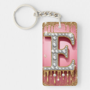 Pink Gold Letter E Diamond Initial Gift For Her Keychain