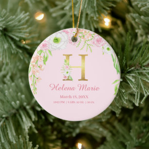 Pink & Gold Letter "H" Floral Monogram Birth Stats Ceramic Ornament
