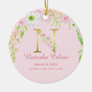 Pink & Gold Letter "N" Floral Monogram Birth Stats Ceramic Ornament