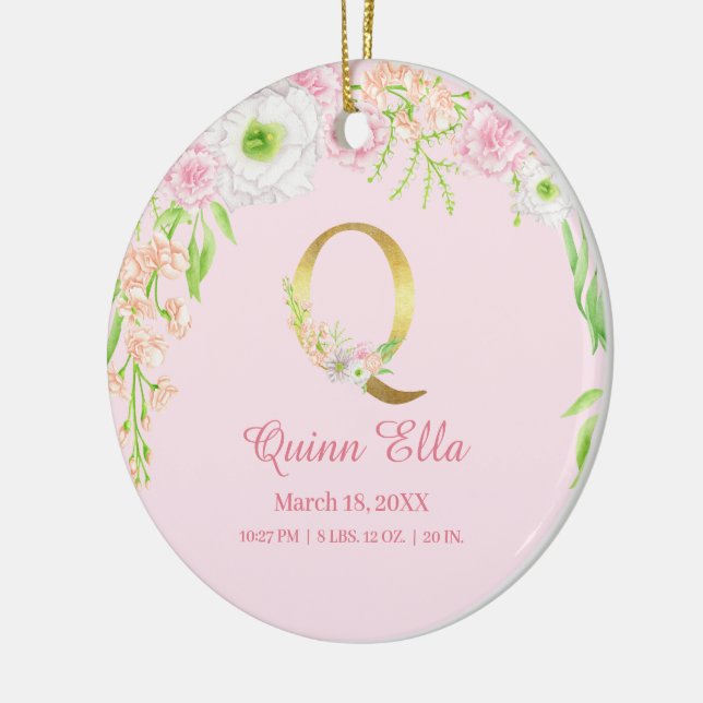 Pink & Gold Letter "Q" Floral Monogram Birth Stats Ceramic Ornament (Left)