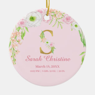 Pink & Gold Letter "S" Floral Monogram Birth Stats Ceramic Ornament