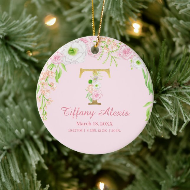 Pink & Gold Letter "T" Floral Monogram Birth Stats Ceramic Ornament (Tree)