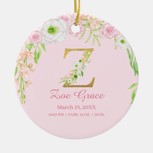 Pink & Gold Letter "Z" Floral Monogram Birth Stats Ceramic Ornament (Front)