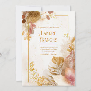 Pink Gold Line Monstera Leaf Botanical Wedding Invitation