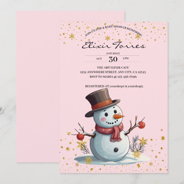Pink & Gold Little Snowflakes Snowman Baby Shower Invitation (Front/Back)