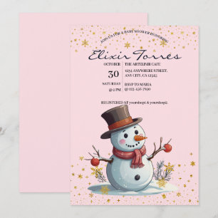 Pink & Gold Little Snowflakes Snowman Baby Shower Invitation
