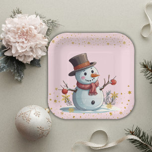 Pink & Gold Little Snowflakes Snowman Baby Shower Paper Plate