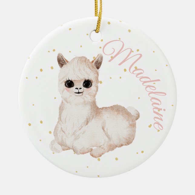 Pink Gold Llama Cute Photo Ceramic Ornament (Front)