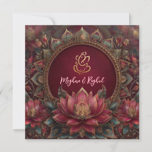 Pink Gold Lotus Ganesh God Indian Wedding Invitation (Front)