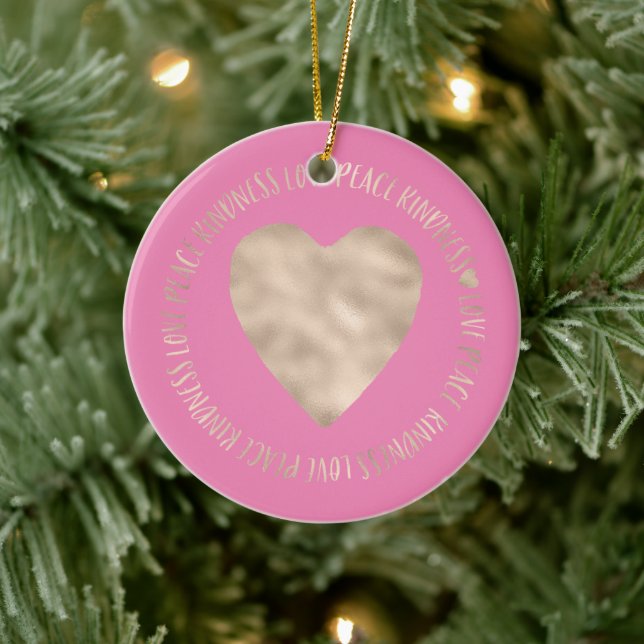 Pink Gold Love Peace Kindness Heart inspirational Ceramic Ornament (Tree)