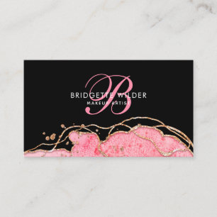 Pink Gold Marble Agate Black Makeup Artist Business Card