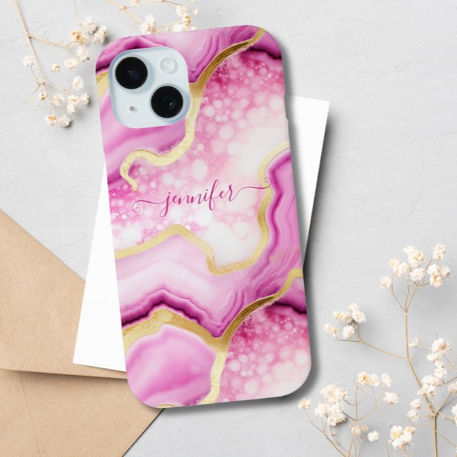Pink Gold Marble Agate Geode Monogrammed Chic Case-Mate iPhone Case (Creator Uploaded)