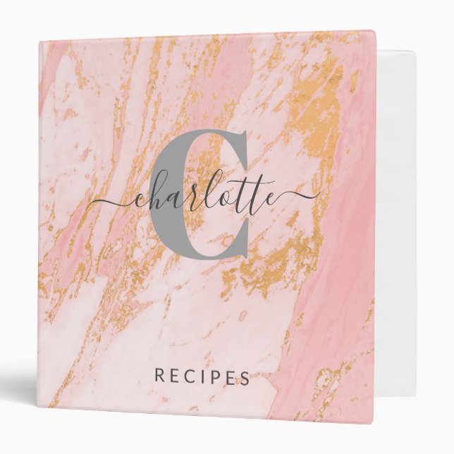 Pink Gold Marble Custom Monogrammed Recipe Binder (Front/Inside)