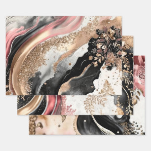 Pink Gold Marble Floral Glitter Abstract Design Wrapping Paper Sheet