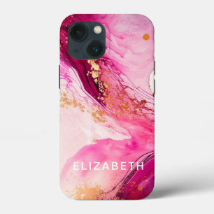 pink gold marble glitter personalized name iPhone 13 mini case