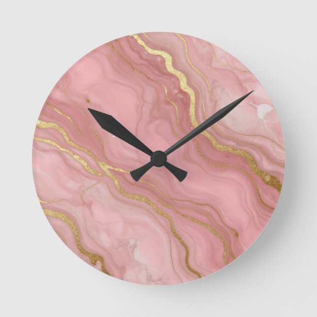 Pink Gold Marble Luxury Abstract Round Clock (Front)