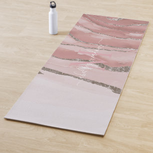 Pink Gold Marble Monogram Calligraphy Script Name  Yoga Mat