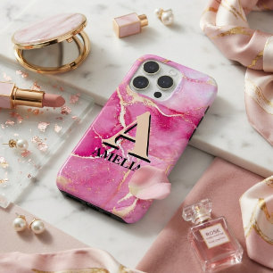 Pink Gold Marble Personalized Monogram iPhone 15 Pro Case