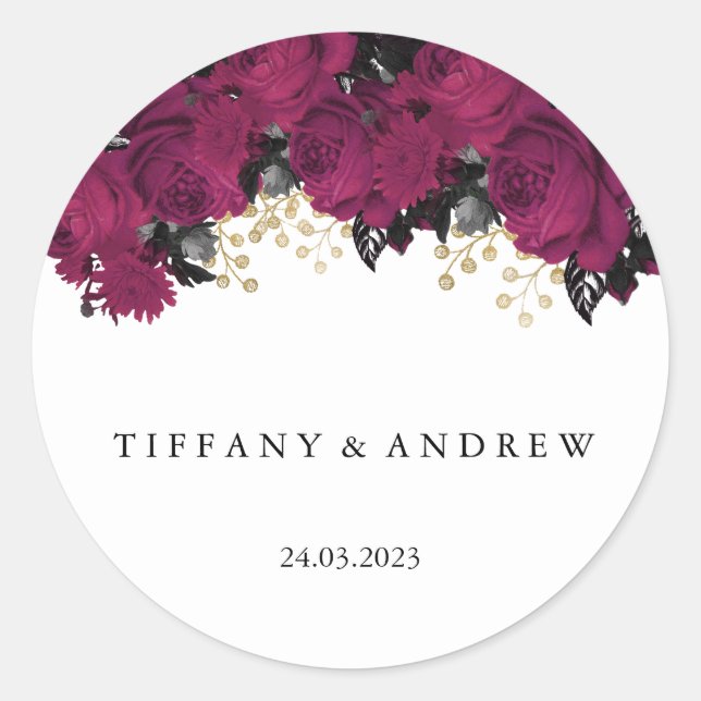 Pink Gold Marsala Flowers Wedding Name Favour Classic Round Sticker (Front)