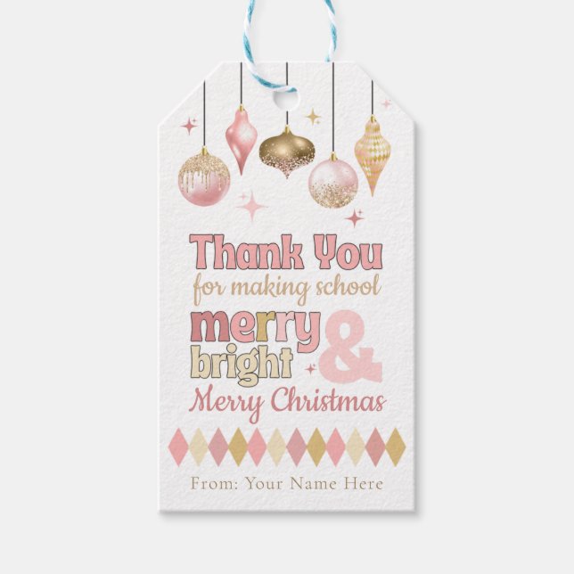 Pink & Gold Merry and Bright Christmas Gift Tag (Front)