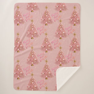 Pink Gold Merry and Bright Christmas Tree Sherpa Blanket