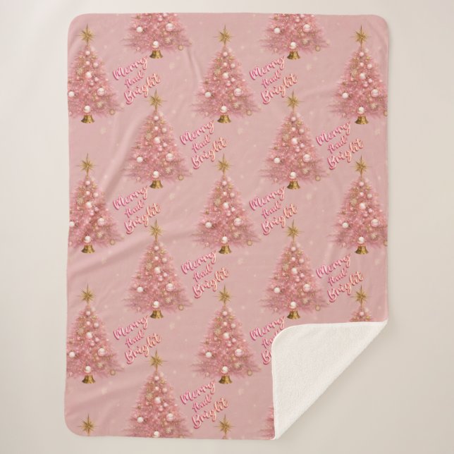 Pink Gold Merry and Bright Christmas Tree Sherpa Blanket (Front)