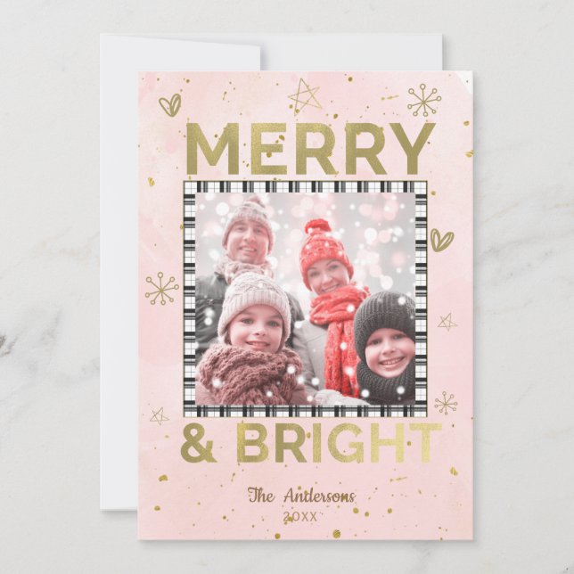 Pink Gold MERRY & BRIGHT Holiday Doodle Photo (Front)