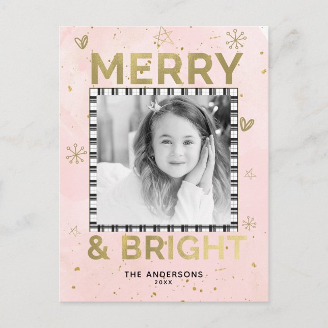 Pink Gold MERRY & BRIGHT Holiday Doodle Photo (Front)
