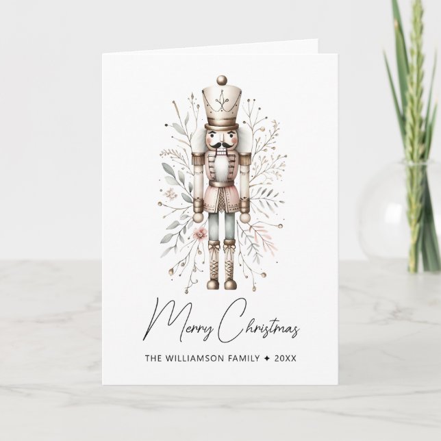 Pink & Gold Merry Christmas Nutcracker Card (Front)