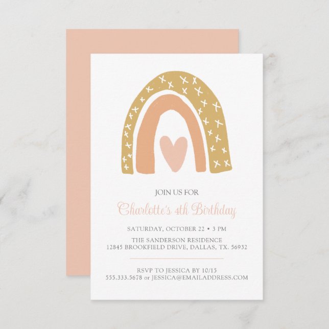 Pink Gold Minimalist Boho Rainbow Birthday Party Invitation (Front/Back)
