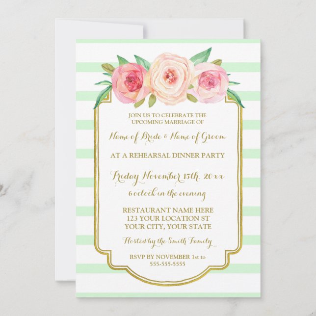 Pink Gold Mint Stripes Rehearsal Dinner Party Invitation (Back)