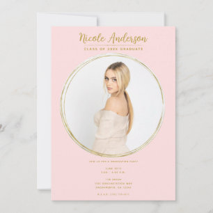 Pink & Gold Modern Round Photo Graduation Party Invitation