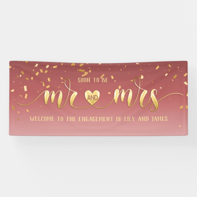 Pink Gold Mr and Mrs Engagement Banner (Horizontal)