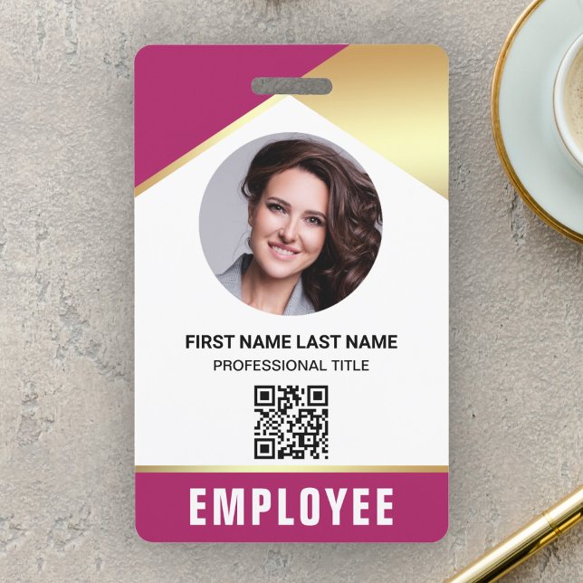 Pink Gold Name Photo QR Code Employee ID Card Badge (Creator Uploaded)