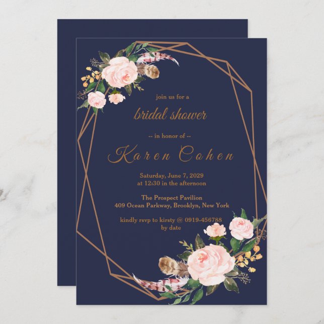 Pink Gold Navy Boho Chic Floral Bridal Shower Invitation (Front/Back)