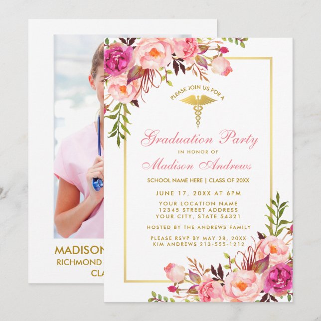 Pink Gold Nurse Grad Party Invite - Back Photo (Front/Back)