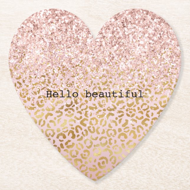 Pink Gold Ombre Leopard Print Blush Glitter      Paper Coaster (Front)