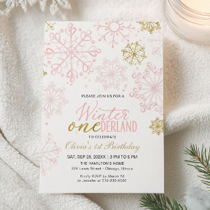 Pink Gold Onederland 1st Birthday Snowflake Invitation