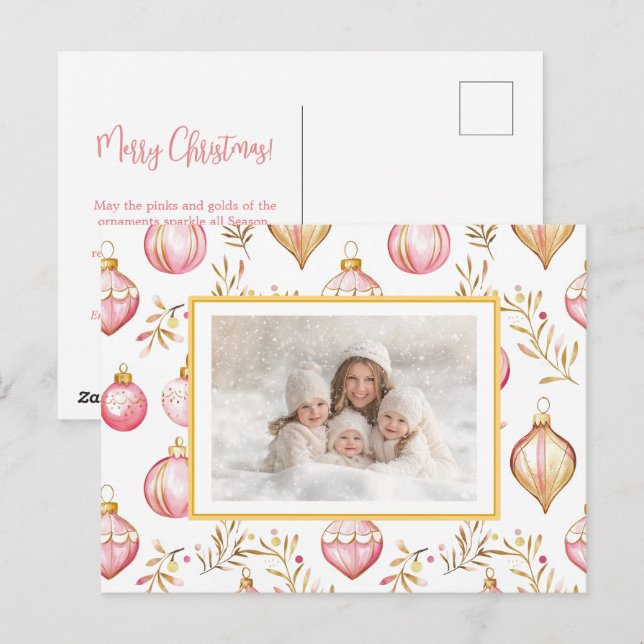 Pink Gold Ornaments Photo Christmas Postcard (Front/Back)