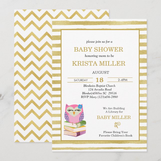 Pink Gold Owl Bring A Book Baby Shower   Invitation (Front/Back)