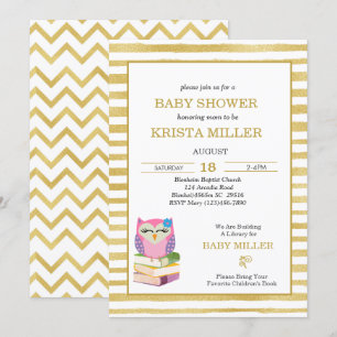 Pink Gold Owl Bring A Book Baby Shower   Invitation