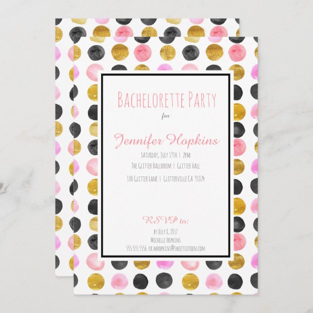 Pink & Gold Paint Polka Dots Party Invitations (Front/Back)